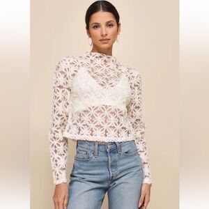 Lulu's | Women’s Sheer Ivory Floral Applique Long Sleeve Blouse